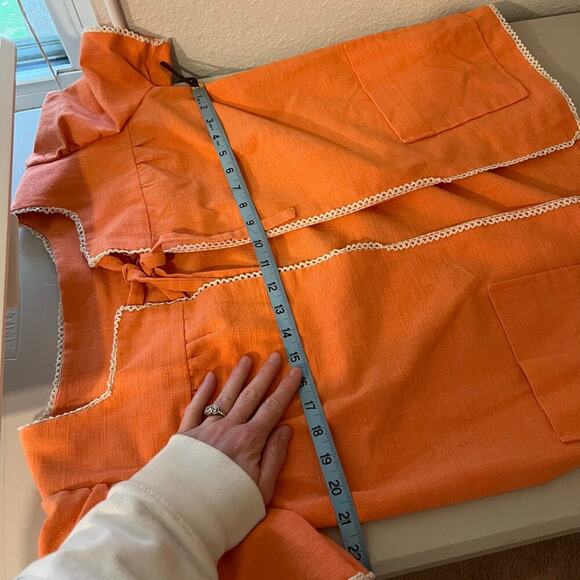 Handmade Orange Textured Two Bow Tie Puffed Short Sleeve Blouse Size Medium - Picture 10 of 11